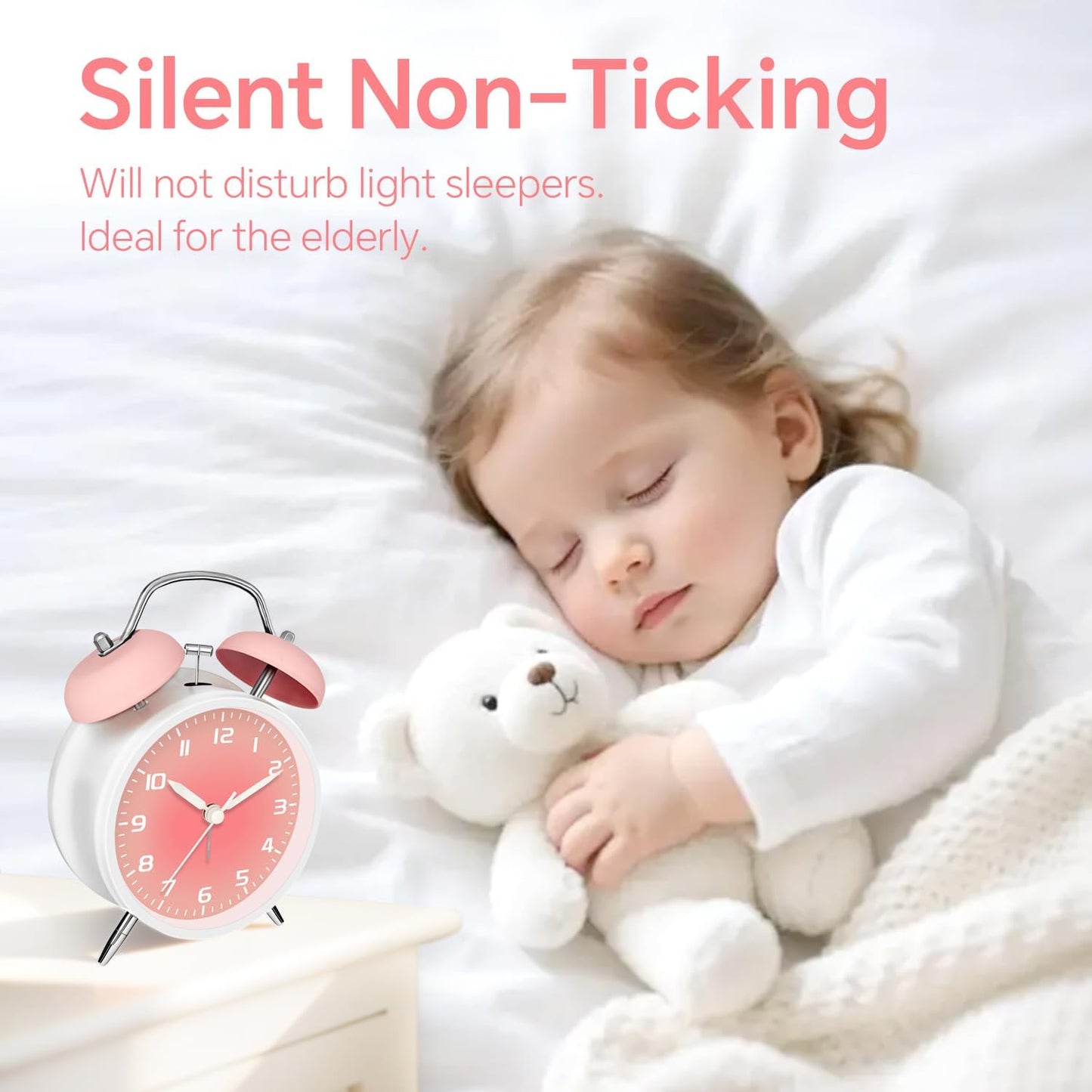 4.5" Analog Alarm Clock for Heavy Sleepers, Loud Battery Operated Alarm Clocks with Light, Metal Silent Desk Clock for Bedrooms, Retro Bedside Clocks for Kids Girls Women Mother Seniors, Pink