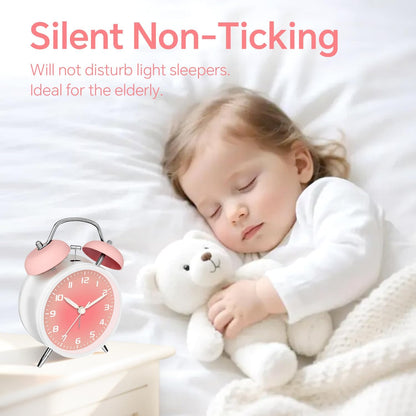 4.5" Analog Alarm Clock for Heavy Sleepers, Loud Battery Operated Alarm Clocks with Light, Metal Silent Desk Clock for Bedrooms, Retro Bedside Clocks for Kids Girls Women Mother Seniors, Pink