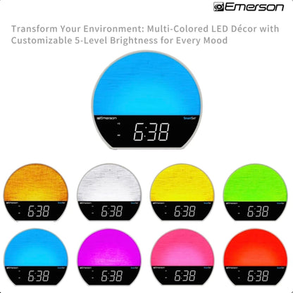 Emerson Sunrise SmartSet Dual Alarm Clock with Nature Sounds and White Noise, Dimmable 8-Color LED Display, Bluetooth Speaker, 4 Soothing Sounds, 2 Alarm Sounds, LED Clock Display, FM Radio