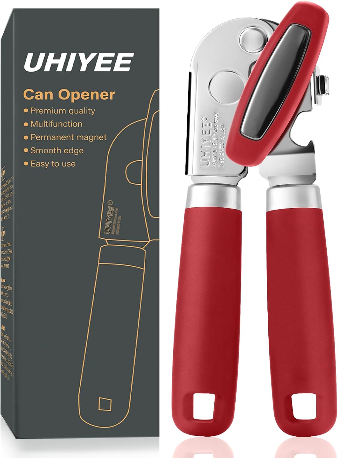 UHIYEE Hand Held Can Opener Manual with Magnet for Home Kitchen, Black | Easy Work, Premium 420J2 Steel, Magnetic Lid Lifter, Easy-Turn Oversized Knob, Arthritis Friendly, Smooth Edge