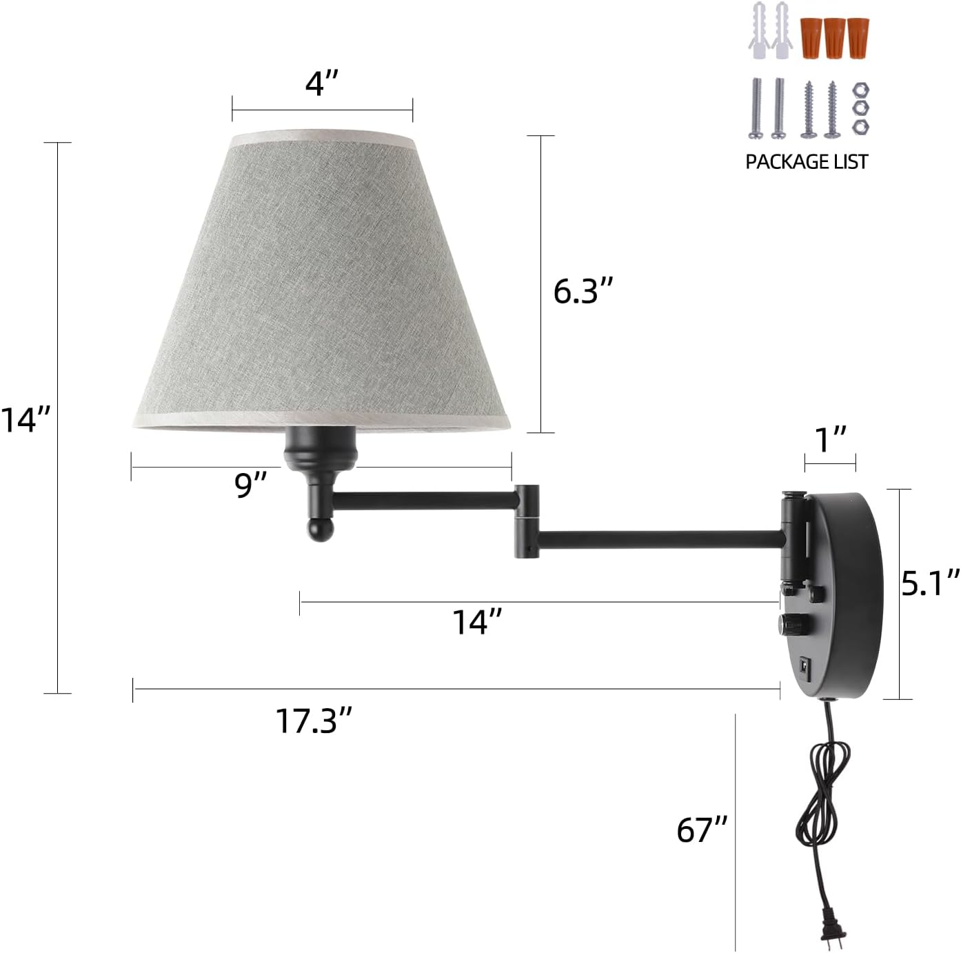 Swing Arm Wall Lamp Plug in Wall Sconces Adjustable Vintage Industrial Reading Light Bedside Wall Mount Light with Dimmable Switch and USB Port Black