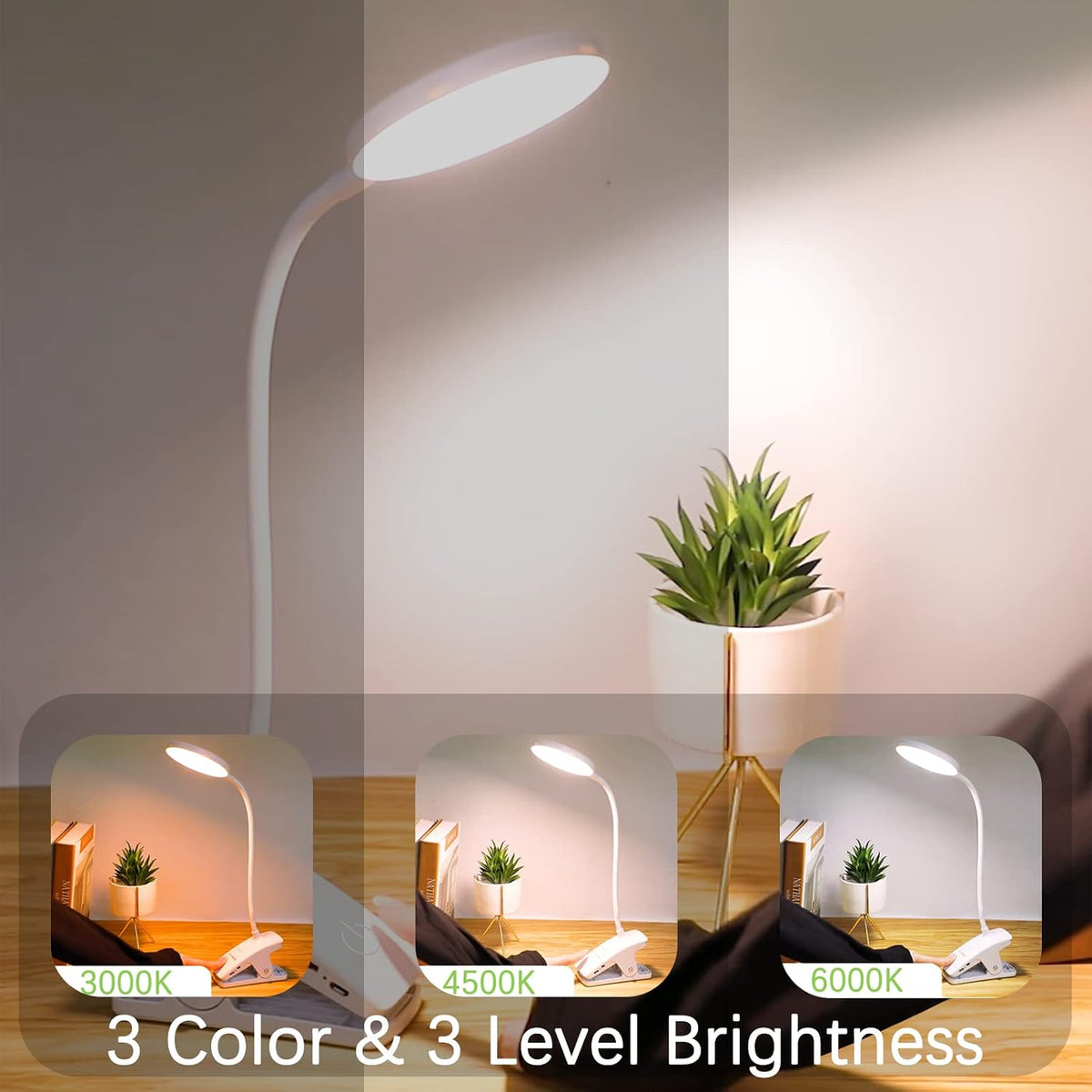 SUNLONG Dorm Room Essential Clip on Light Wall-Mounted, 3 Color Portable Desk Light Mini Clip Lamp, Battery Operation Small Desk Lamp with Clamp, Reading Lights for Books Bunk Bed Headboard Makeup