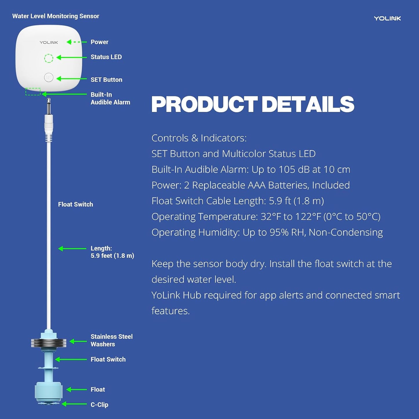 YoLink LoRa Smart Water Level Monitoring Sensor, Wireless Battery-Powered Float Switch Alarm, Sump Pump Alarm, AC Condensate Overflow, Tank Level, Toilet Leak Sensor, 105dB Siren, YoLink Hub Required