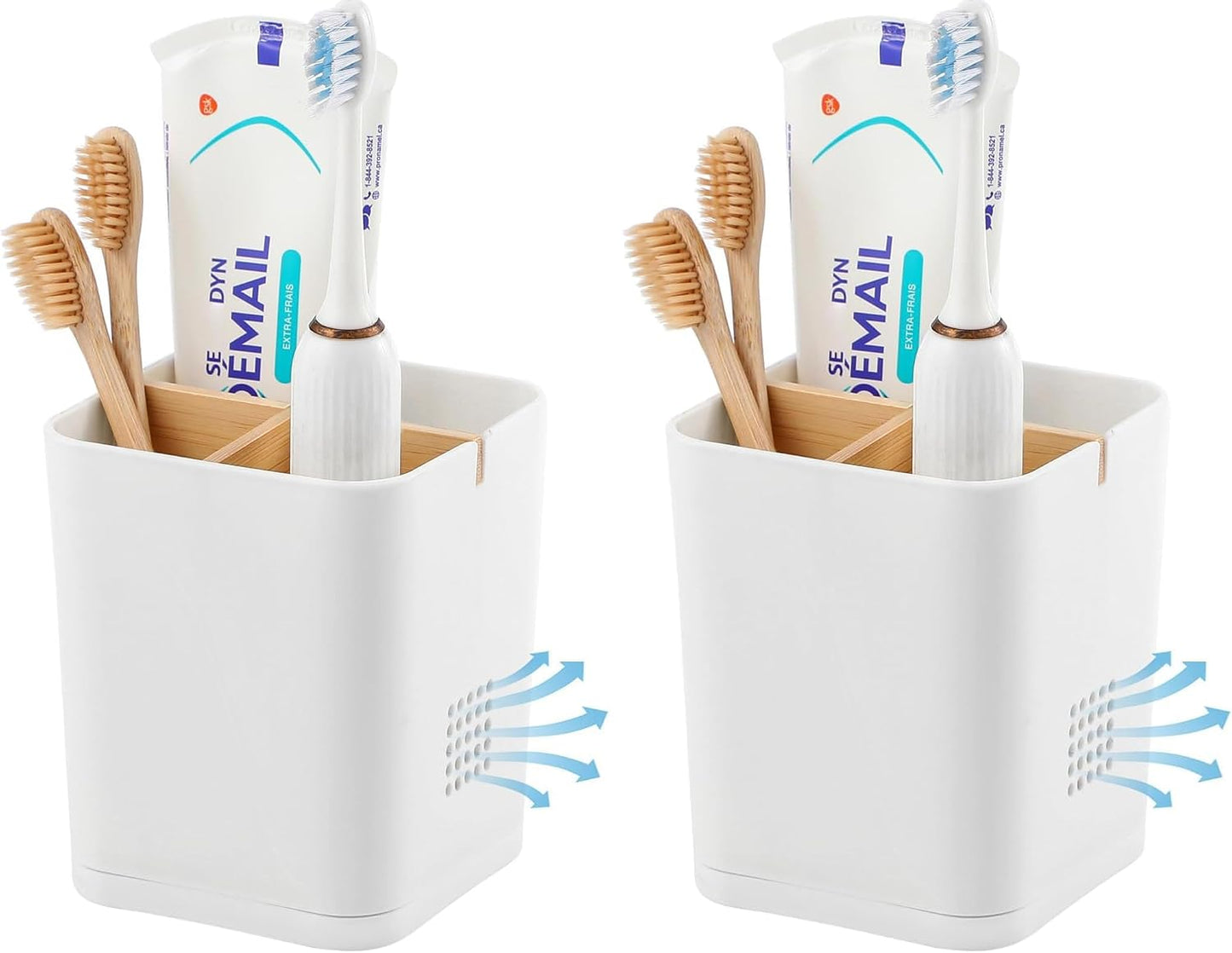 Electric Toothbrush Holder Tooth Brush and Toothpaste Organizer, Black | 3 Slots, Drainage Holes, Removable Bamboo Divider, Ventilation Design, Space-Saving, for Bathroom Countertop, Shower, Vanity