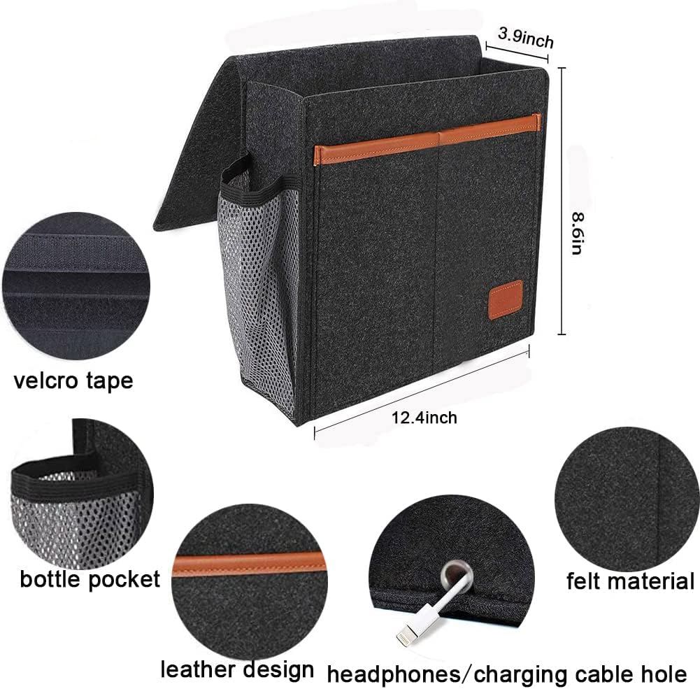 Bedside Caddy, Felt Bedside Storage Organizer, Hanging Storage Bag, Chair Organizer Caddy, Remote, Magazine, Drink Bottle Holder for Hospital, Dorm Bed, Baby Stuff, Office (Light Grey Small)