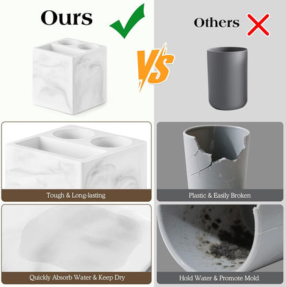Luxspire Diatomite Toothbrush Holder, 2 Slots, Marble White | Fast Drying, Diatomaceous Earth, Electric Tooth Brush and Toothpaste Organizer, For Bathroom Kitchen Vanity Countertop