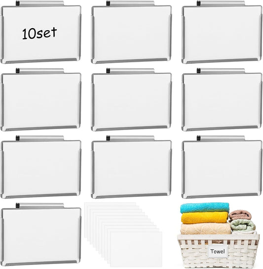 10 Pack Metal Basket Bin Labels Clips,3.54" x 2.36" Stainless Steel Label Holders with White Papers,Silver Removable Bin Clips for Labeling, Classification