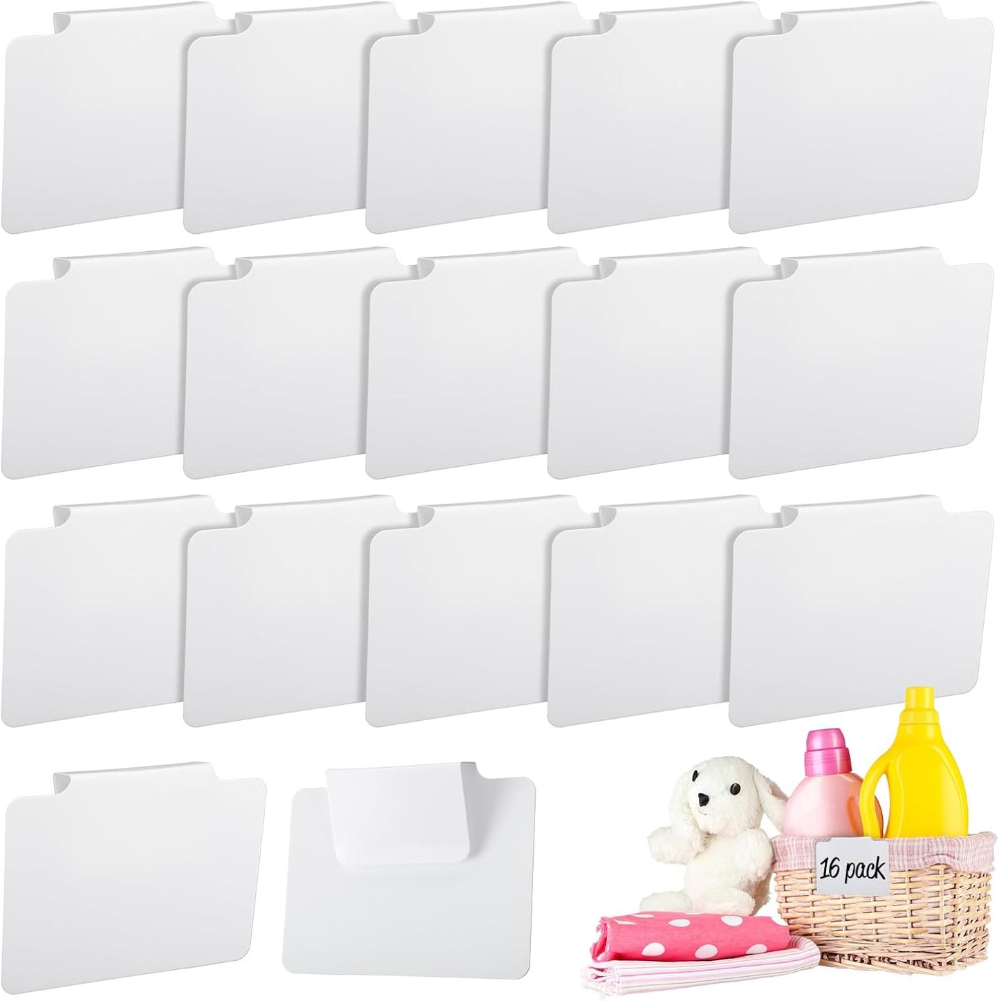 16Pcs White Clip-On Basket Labels, 3.5x2.5 Inch Removable PVC Labels with Holders for Storage Bins, Pantry & Closet Organization, Removable Label Holders
