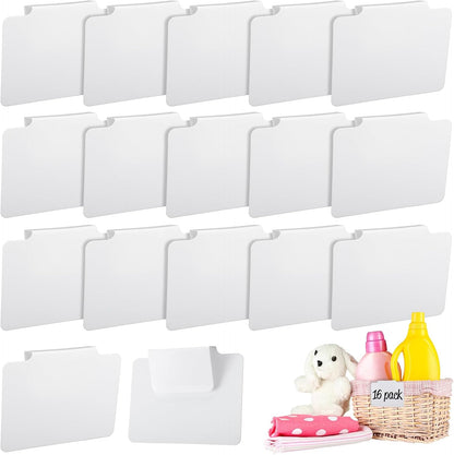 16Pcs White Clip-On Basket Labels, 3.5x2.5 Inch Removable PVC Labels with Holders for Storage Bins, Pantry & Closet Organization, Removable Label Holders