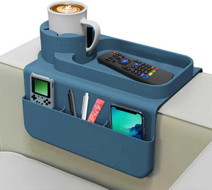 Silicone Couch Caddy Cup Holder Tray, 3-Side Sofa Armrest Organizer with Secure Gear-Shaped Locking Holder & Large Tablet Slot, Non-Slip Weighted Armchair Caddy, Couch Accessories (Grey)