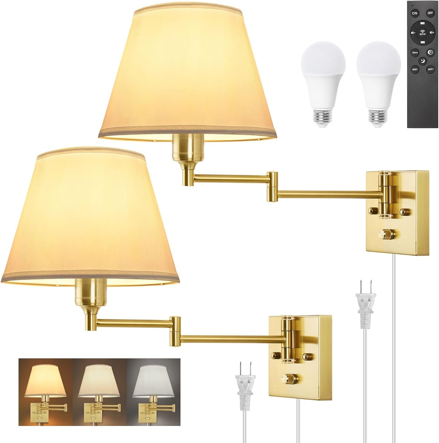 TRLIFE Wall Sconce Plug in, Dimmable Wall Sconces Set of Two Swing Arm Wall Lights with Plug in Cord and On/Off Dimmer Rotary Switch, 9.4" Medium Beige Fabric Shade(2 Pack, 2 Bulbs)