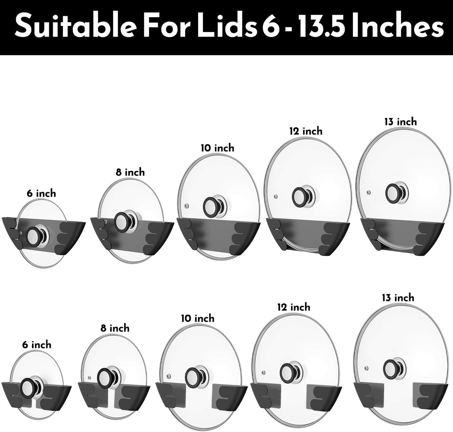 Universal Adjustable Pot Lid Holder Organizer for Cabinet - Upgraded Patented Niceyos 4 Pack Pan Lids Organizers Inside Cabinet Door Wall Mount Pots Top Rack for Kitchen Cupboard Fit 6" to 13" (Black)