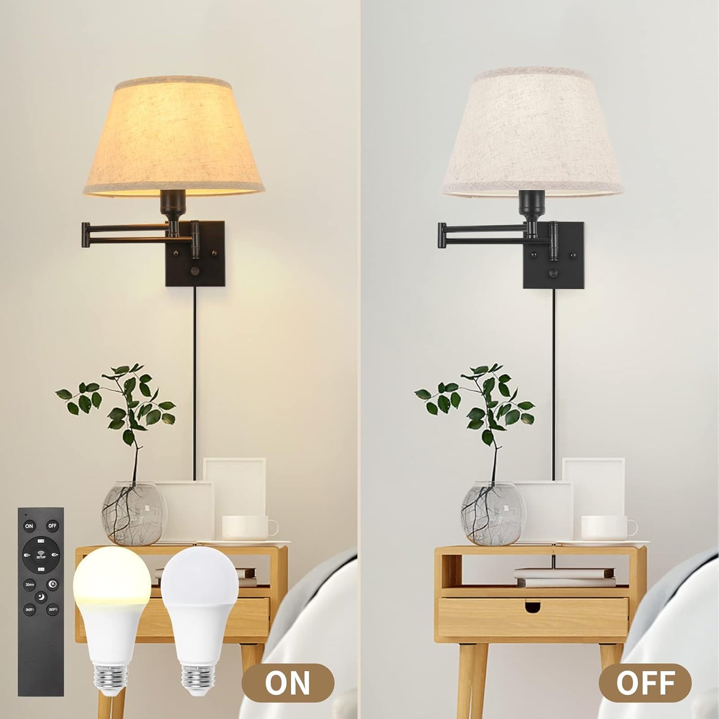 TRLIFE Wall Sconce Plug in, Dimmable Wall Sconces Set of Two Swing Arm Wall Lights with Plug in Cord and On/Off Dimmer Rotary Switch, 9.4" Medium Beige Fabric Shade(2 Pack, 2 Bulbs)