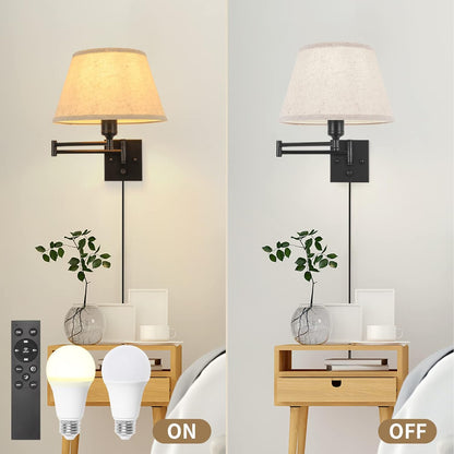 TRLIFE Wall Sconce Plug in, Dimmable Wall Sconces Set of Two Swing Arm Wall Lights with Plug in Cord and On/Off Dimmer Rotary Switch, 9.4" Medium Beige Fabric Shade(2 Pack, 2 Bulbs)