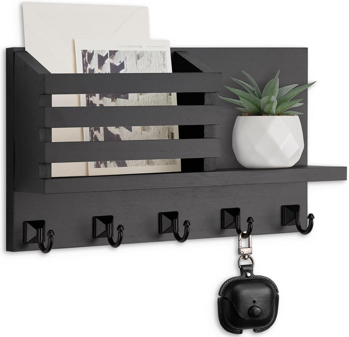 Key Holder Wall Mount, Mail Organizer for Wall with 5 Square Key Hooks | Key Holder for Wall, Key Holder with Shelf Farmhouse Home Decor for Home Entryway