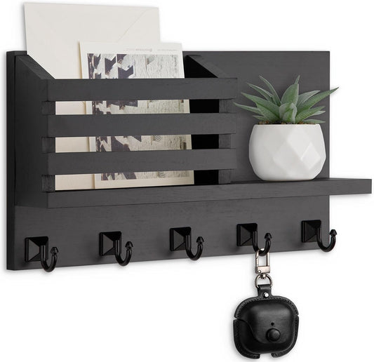 Key Holder Wall Mount, Mail Organizer for Wall with 5 Square Key Hooks | Key Holder for Wall, Key Holder with Shelf Farmhouse Home Decor for Home Entryway