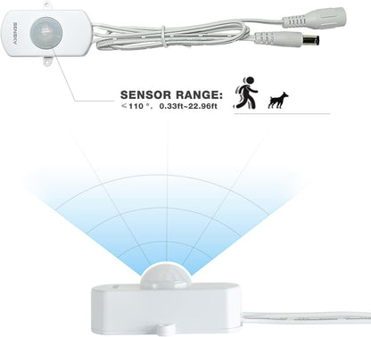 Sensky BS010W Motion Sensor Light Switch - DC 12V to 30V PIR Motion Sensor with Adjustable Delay Time and Detection Distance - for LED Strip Lighting Systems and Indoor Security Detectors
