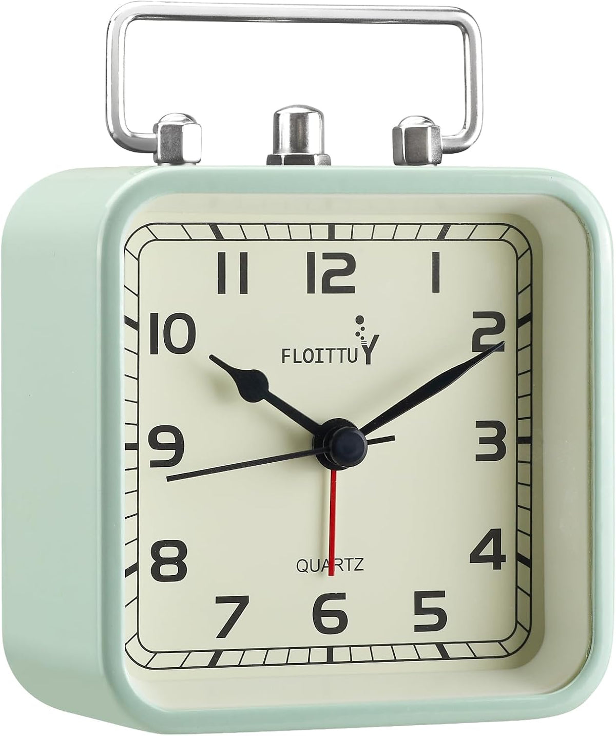 FLOITTUY Square Metal Beep Alarm Clock Silent No Ticking, Snooze and Battery Operated, Night Light and Desk Clock for Bedroom/Travel/Kids, Easy Set(Green)