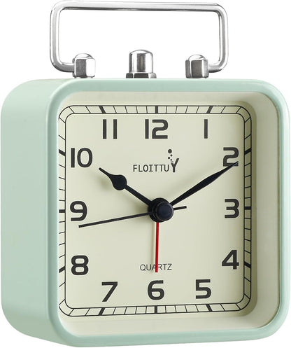 FLOITTUY Square Metal Beep Alarm Clock Silent No Ticking, Snooze and Battery Operated, Night Light and Desk Clock for Bedroom/Travel/Kids, Easy Set(Green)