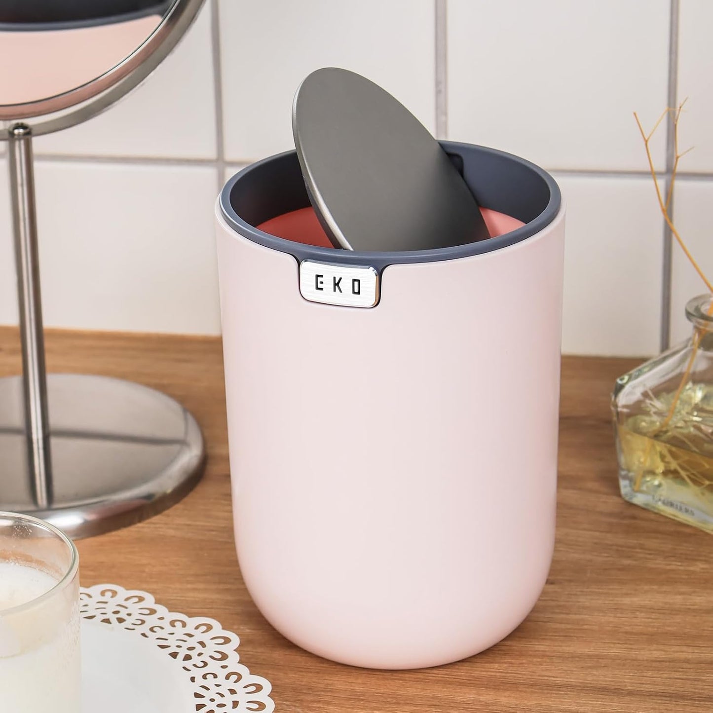 EKO Fandy 0.58 Gal/2.2L Mini Trash Can with Lid, Swing-Top Desktop Trash Can for Bathroom, Countertop, Vanity, Desk or Office, Small Garbage Bin (Blue)
