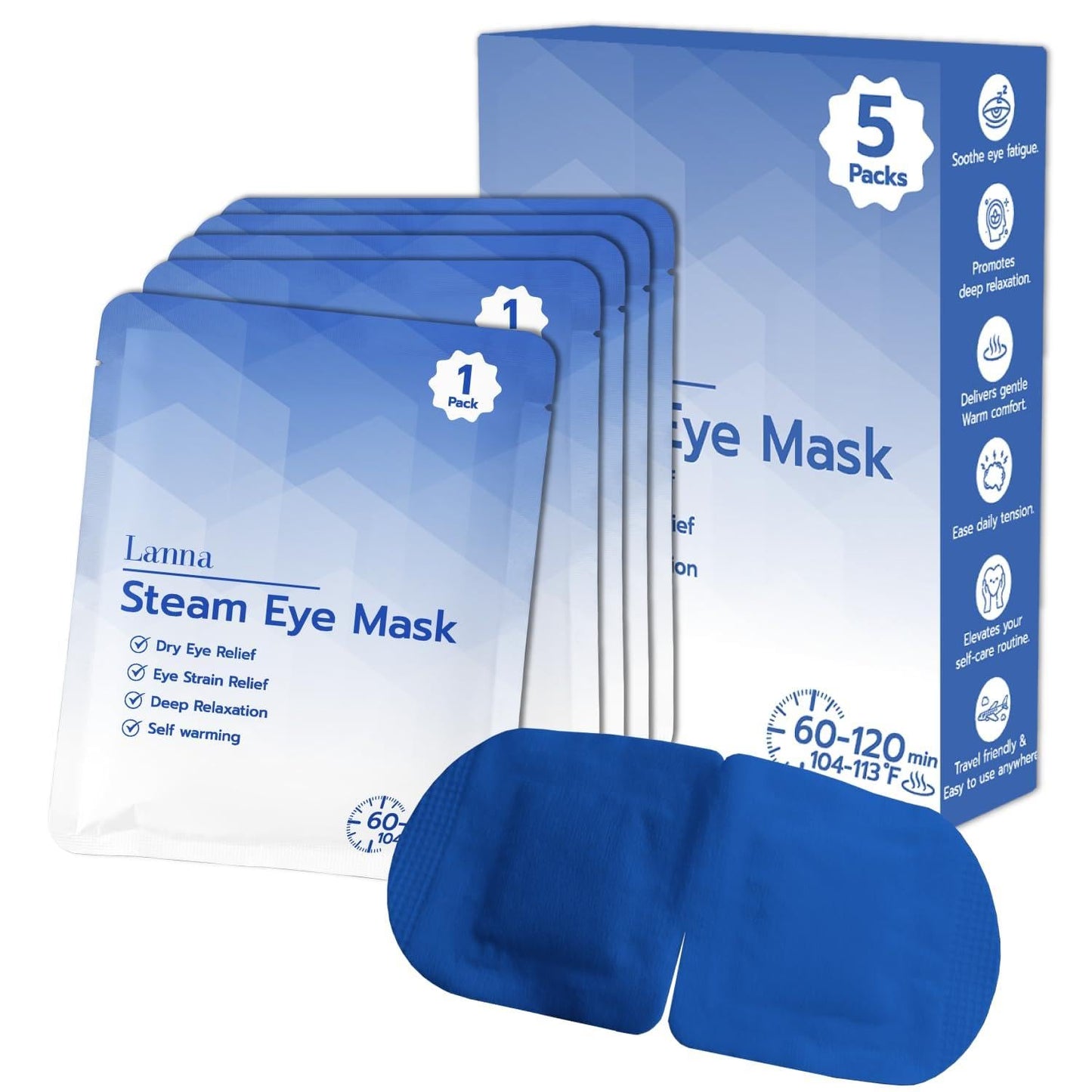 LANNA Heated Steam Eye Mask, Disposable 120 Minutes, Lavender Scent, 5 Pcs | Great for Sleep & Spa Relaxation, Self Heating Warm Compress for Dry & Puffy Eyes Long Lasting Heated Eye Mask for Stye Eyes