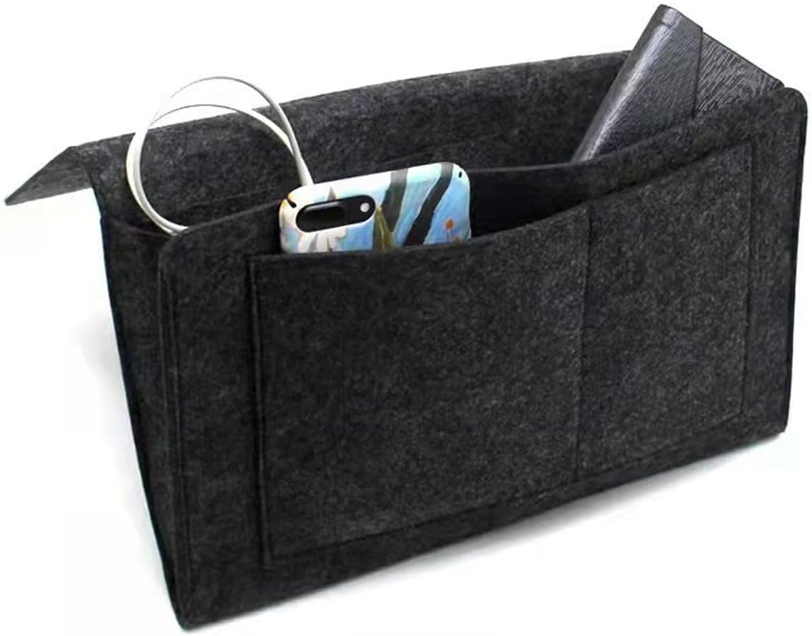 Bringsine 5 Pockets Bedside Caddy, Felt Bed Storage Organizer Hanging Bag Holder for Magazine Book Phone Tablet iPad Cables Remote and Glasses Holder Home Dorm Bed Sofa-Black