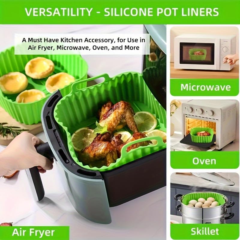 Air Fryer Silicone Liners Square 2 Pack 8 Inch Airfryer Liners 4-7 QT Reusable Air Fryer Liners Pot Oven Liner Baking Tray, Basket Mat Bowl Accessories Kitchen (BPA-free)