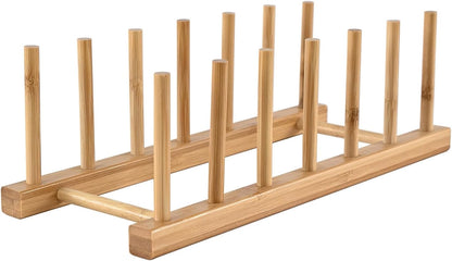 INNERNEED Bamboo Wooden Dish Rack, Vertical Plate & Lid Organizer | for Kitchen Cabinet or Countertop, Drying Stand for Dishes, Cutting Boards