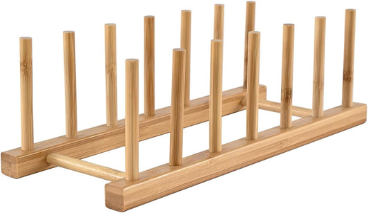 INNERNEED Bamboo Wooden Dish Rack, Vertical Plate & Lid Organizer | for Kitchen Cabinet or Countertop, Drying Stand for Dishes, Cutting Boards
