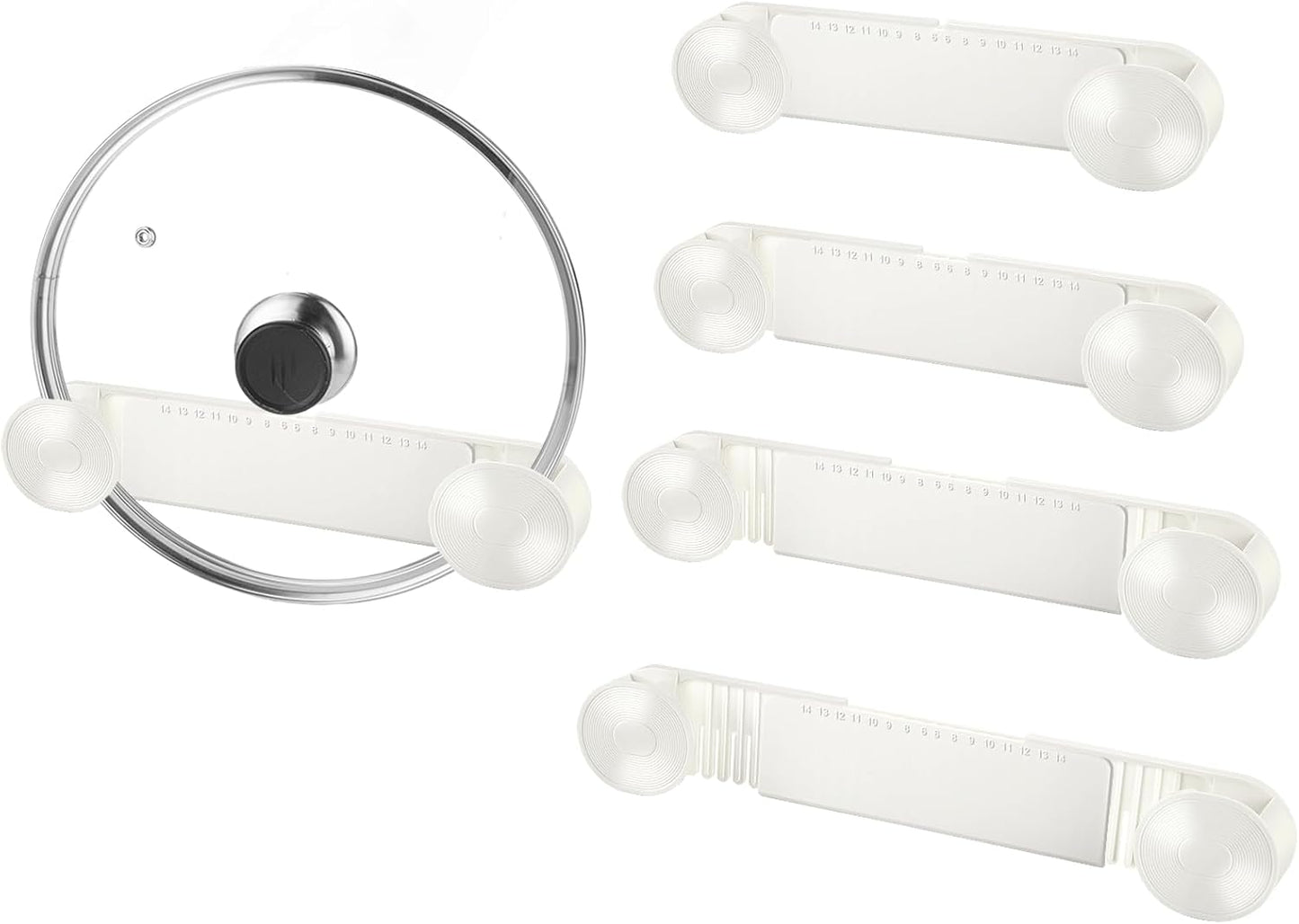 YONGAIJIA 4 Pack Adjustable Pot Lid Holder, Pan Cover Organizer Fits 6" to 14" Lid, Adhesive Wall Mount Pots Lid Storage for Kitchen Cupboard, Cabinet Door, White, BPA-Free Plastic