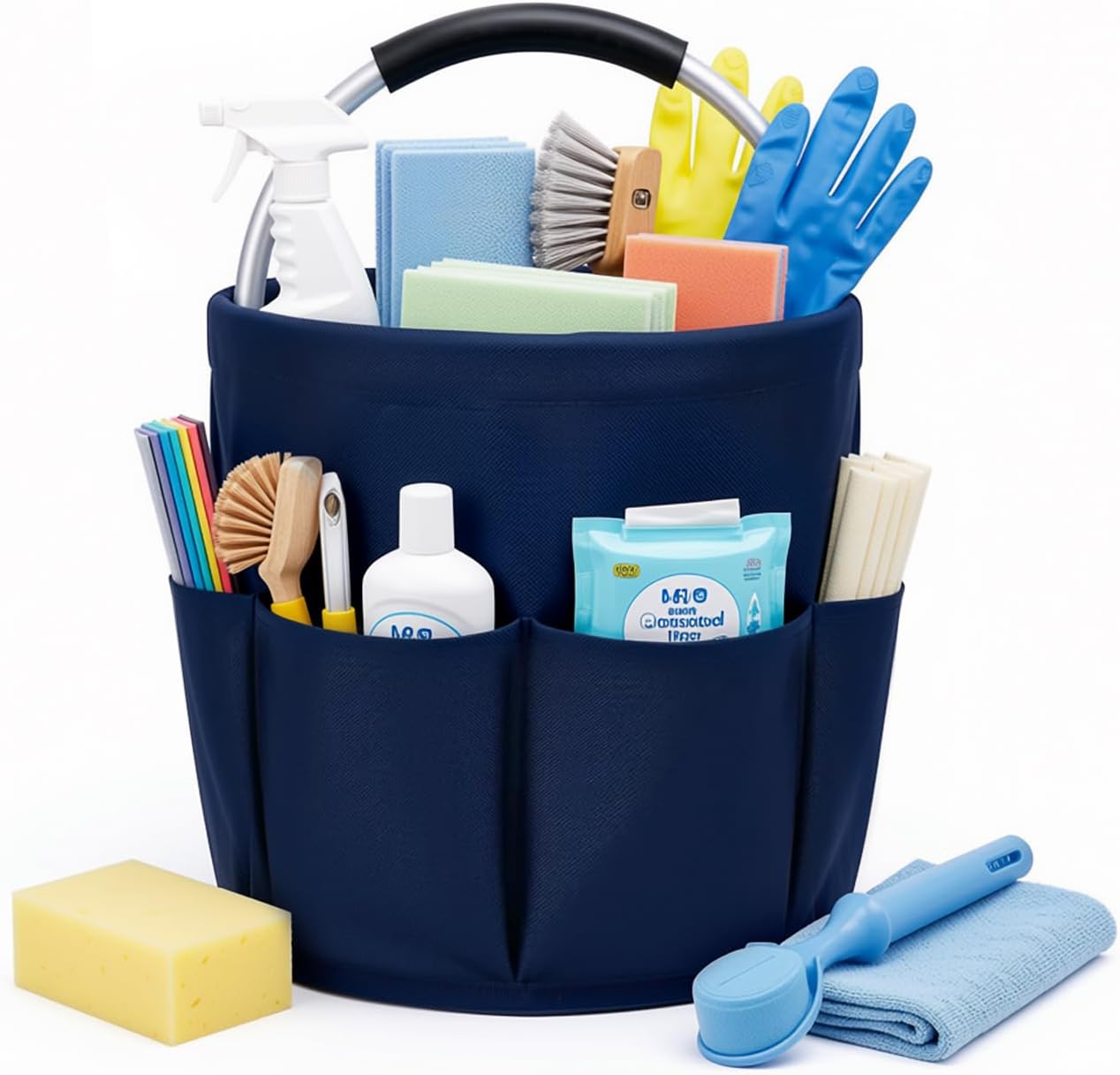 Cleaning Caddy with Handle, 17L Foldable Storage Basket, Heavy Duty 600D Oxford Cloth Organizer, Portable Supply Bag, Multi-Purpose Supplies Caddy for Home, Bathroom, Kitchen, Garden - Black