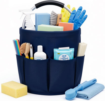 Cleaning Caddy with Handle, 17L Foldable Storage Basket, Heavy Duty 600D Oxford Cloth Organizer, Portable Supply Bag, Multi-Purpose Supplies Caddy for Home, Bathroom, Kitchen, Garden - Black