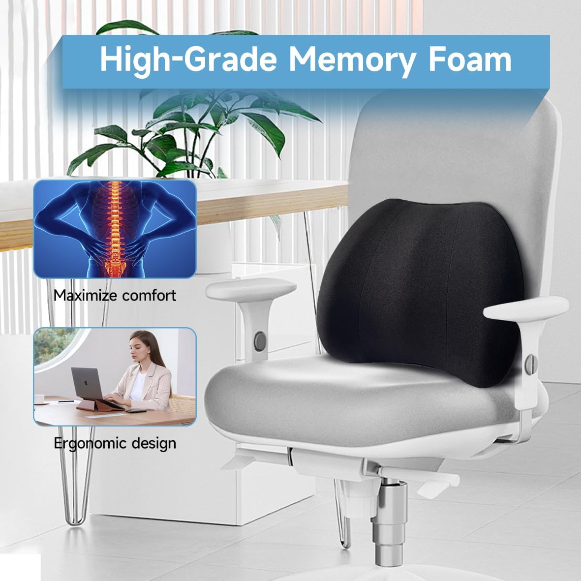 Super Cozy Lumbar Support Pillow for Car/Office Chair, 100% Memory Foam | Lumbar Pillow with Breathable Removable Cover, Ergonomic Design - Back Support for Back Pain Relief(Adjustable Strap, Black)