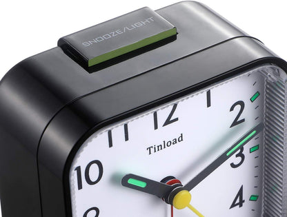 Tinload Small Battery Operated Analog Travel Alarm Clock Silent Non Ticking, Gentle Wake, Ascending Beep Sounds, Snooze,Lighted on Demand, Easy Set(Black)