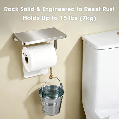 TRUSTMI Toilet Paper Holder with Phone Shelf, Zinc Alloy, Brushed Gold | Solid zinc alloy holder holds 15 lbs and fits jumbo rolls. Shelf stores phones and wipes for easy bathroom organization