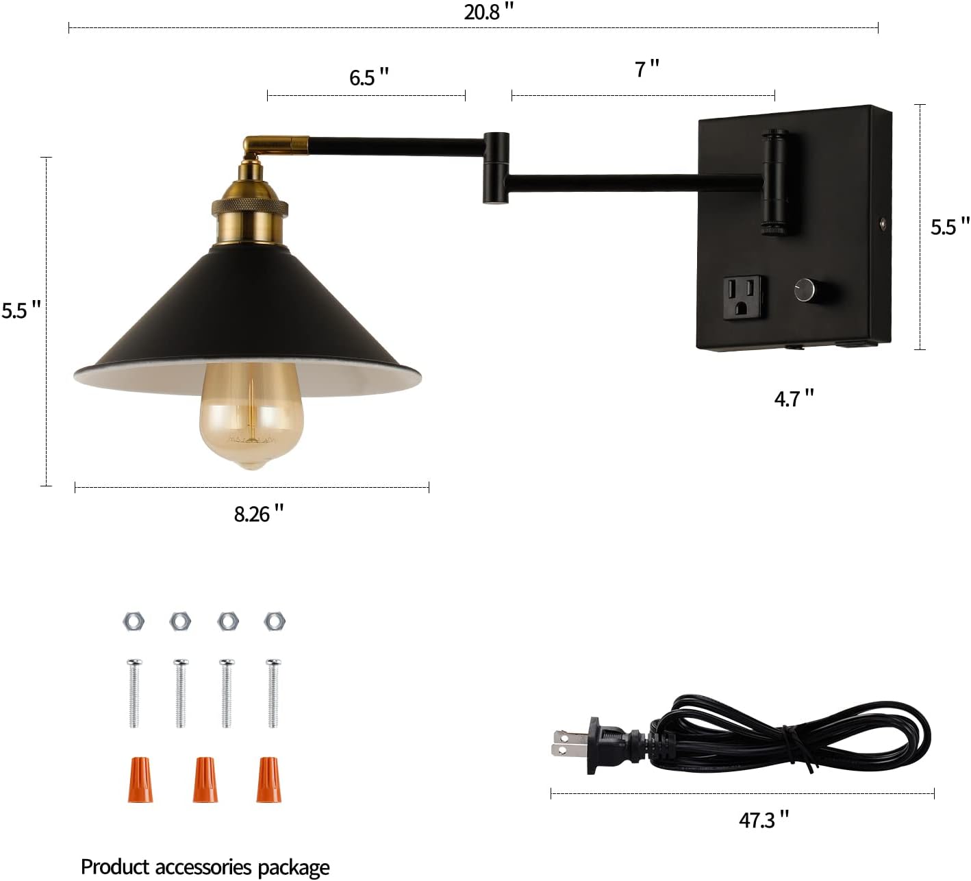 Bedside Wall Mount Light with Dimmable Switch and Outlet, Swing Arm Fabric Shade Wall Sconce Light with USB Port and Plug in Cord, Black Wall Lamp for Bedroom, Living Room and Hotel