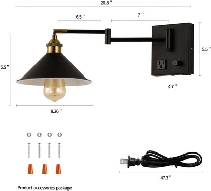 Bedside Wall Mount Light with Dimmable Switch and Outlet, Swing Arm Fabric Shade Wall Sconce Light with USB Port and Plug in Cord, Black Wall Lamp for Bedroom, Living Room and Hotel