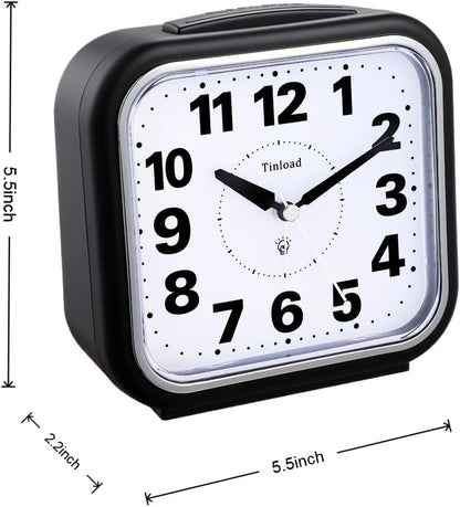 Tinload 5.5" Large No Ticking Analog Alarm Clock,Silent Readable for Seniors,Easy to Set,Gradual Rise Alarm,Big Numbers,Gentle Wake,Snooze, Lighted on Demand,Battery Operated,Black