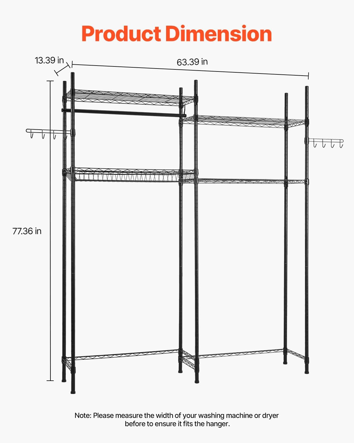 VEVOR Over The Washer and Dryer Storage Shelf, 3 Tier Laundry Room Drying Rack with Hanger Rod and Hooks, Adjustable Over Washer and Dryer Shelves, Laundry Room Shelf Storage Space Saver, White
