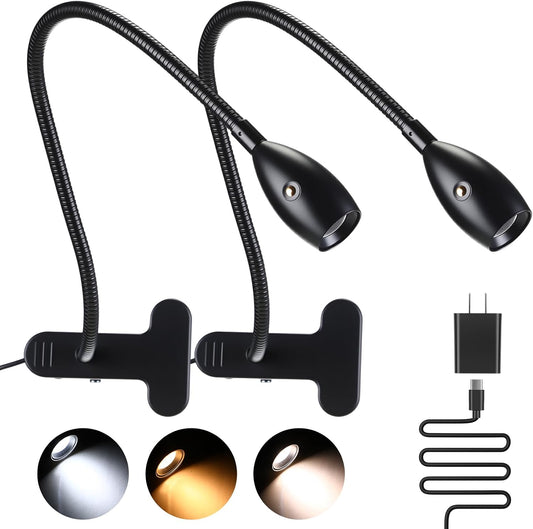 VIHOSE 1 Pcs LED Clip on Reading Light for Bed Headboard, 3 Color Dimmable Stepless Book Light with Flexible Gooseneck Clamp Desk Lamp for Reading with USB for Bedroom, Dorms, Office, Studio (Gold)