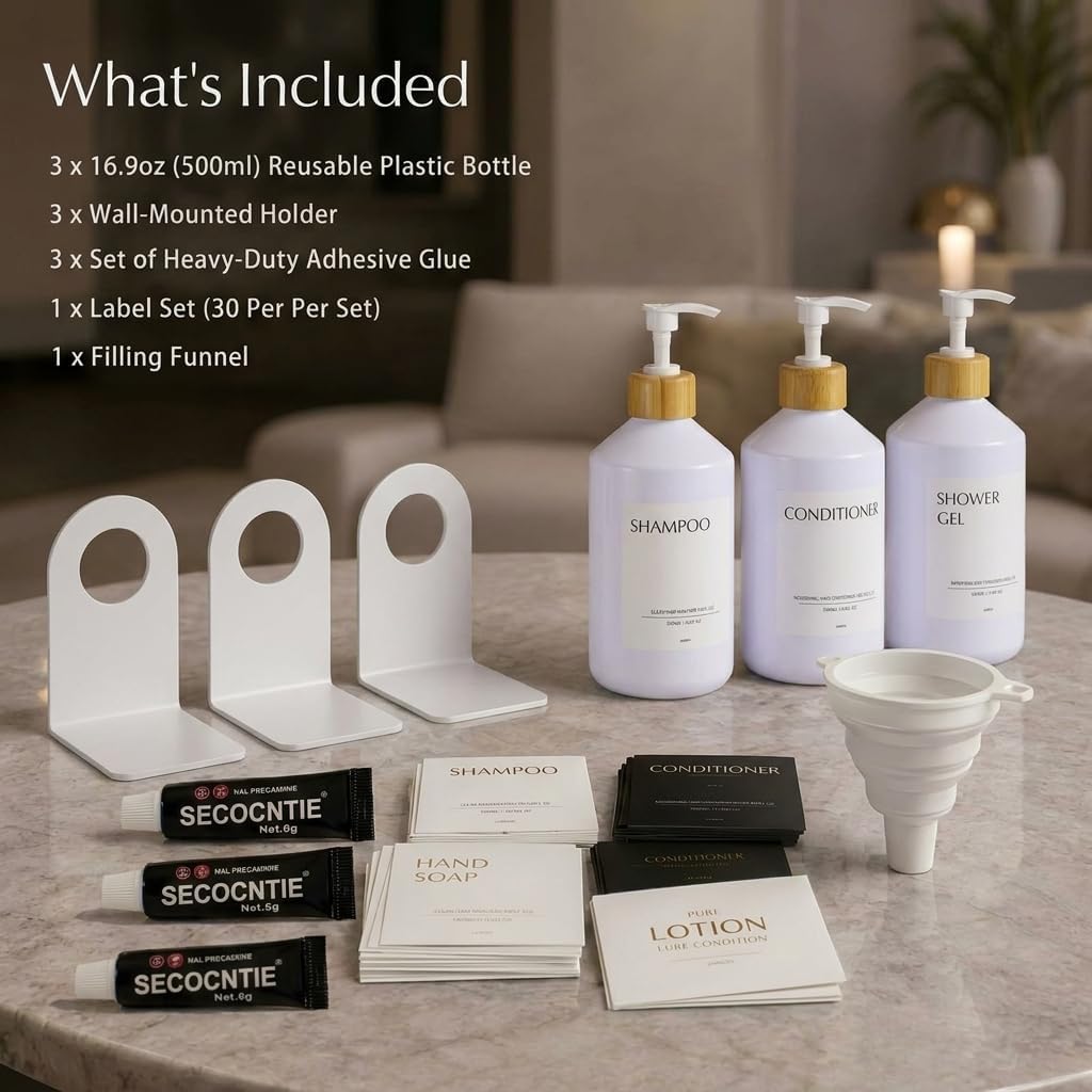 Shampoo and Conditioner Dispenser Set of 3 for Wall Mount | 16.9 fl oz Drill Free Shower Soap Bottles,Refillable Body Wash Dispensers for Bathroom Decor (Amber Bottles + Bamboo Pumps)