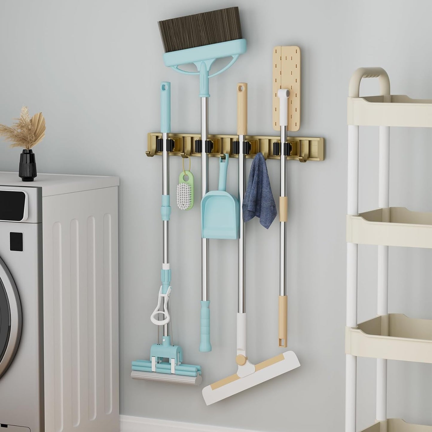 reliahom Broom Holder Wall Mount Mop Hanger Tools organizer 5Racks 4Hooks | Adjustable Mop Broom Wall Hanging Heavy duty Tools Storage Rack Space-saving for Garage,Kitchen,Laundry Room,Garden, Silver