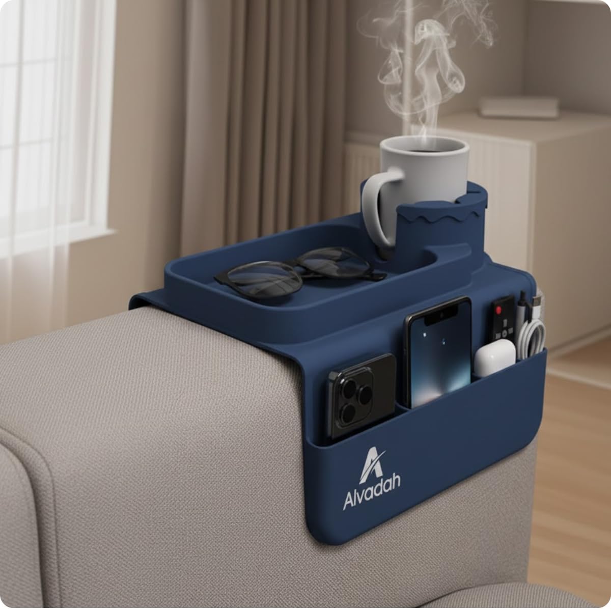 Silicone Couch Cup Holder Tray for Sofa Armrest, Non-Slip Sofa Organizer with Cup Holder, Phone Remote Tablet Storage, Couch Armrest Caddy for Drinks Snacks Living Room (Blue Navy)