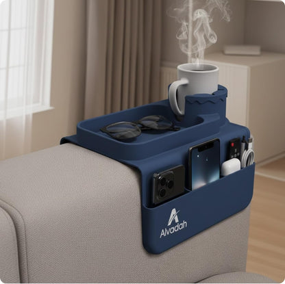 Silicone Couch Cup Holder Tray for Sofa Armrest, Non-Slip Sofa Organizer with Cup Holder, Phone Remote Tablet Storage, Couch Armrest Caddy for Drinks Snacks Living Room (Blue Navy)