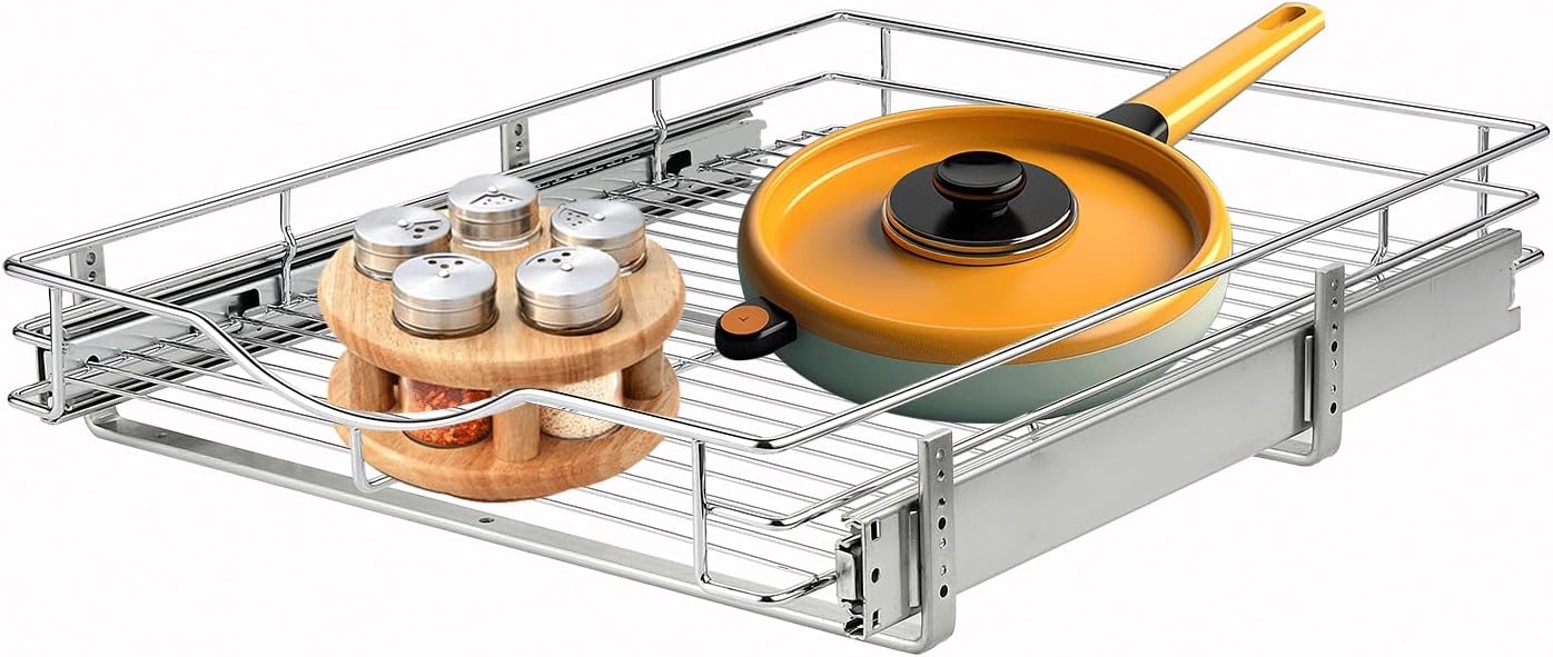 DINDON 1 Tier Pull Out Cabinet Organizer (20" W x 18" D) Heavy-Duty Metal Sliding Drawer Shelf, Slide Out Wire Basket for Kitchen Cabinets, Pantry, Bathroom, Chrome Finish…