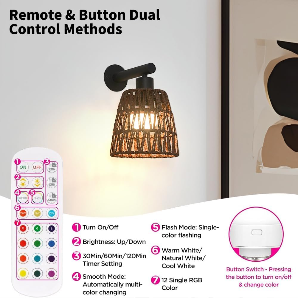 Boho Battery Operated Wall Sconces, Rattan Wall Sconce Set of 2 with Remote, RGB 15 Colors Dimmable Rechargeable Wall Light, Black Indoor Wireless Wall Lamp, Farmhouse Rattan Wall Lighting for Bedroom