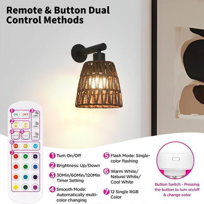 Boho Battery Operated Wall Sconces, Rattan Wall Sconce Set of 2 with Remote, RGB 15 Colors Dimmable Rechargeable Wall Light, Black Indoor Wireless Wall Lamp, Farmhouse Rattan Wall Lighting for Bedroom