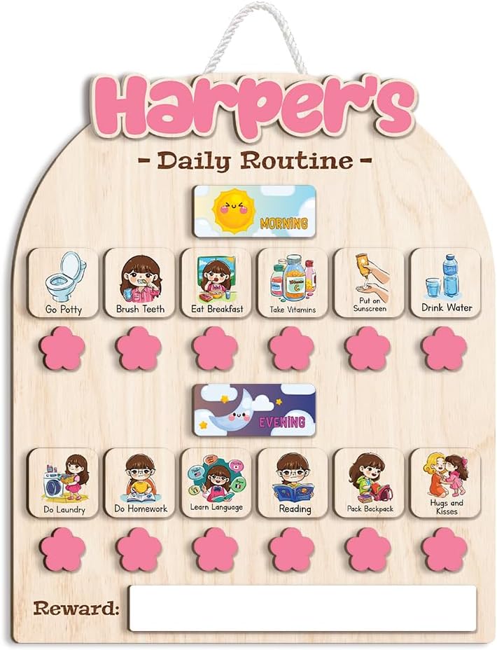 Wooden Daily Routine for Kids, Chore Chart for Toddler, Daily Responsibilities for Kids, Visual Schedule, Morning Bedtime Routine for Girls