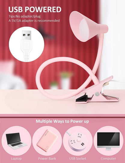 Clip on Light, Eye Care Reading Lights for Books in Bed Clip on Lamp Pink