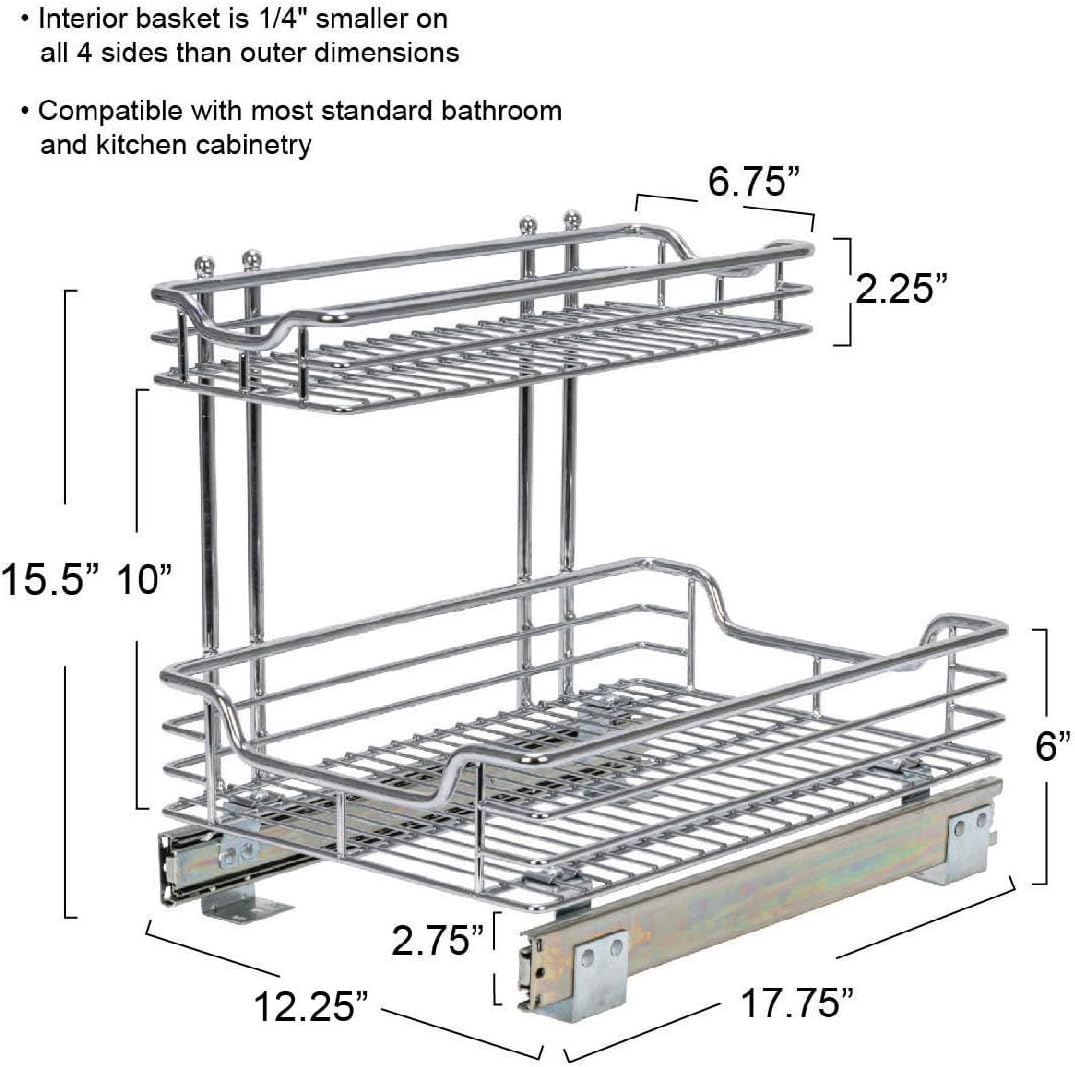 Household Essentials Glidez Multipurpose Chrome-Plated Steel Pull-Out/Slide-Out Storage Organizer for Cookware and Bakeware - 2-Tier Design - Fits Standard Size Cabinet or Shelf, Chrome